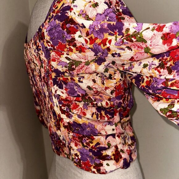 NWT Sienna Sky Puff Sleeve Floral Chiffon Crop Top Blouse Smocked Purple Red Med - Picture 8 of 11